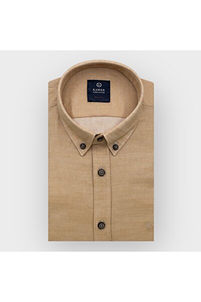 KAMER Men's Slim Fit Long Sleeve Button Collar Pocketless Beige Shirt 2401E
