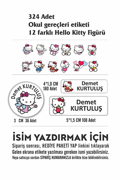Mapi Kişiye özel isim baskılı Hello Kitty temalı (324 Adet) Okul gereçleri etiketi
