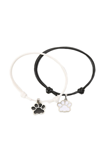 OEM Set 2 bratari reglabile din piele ecologica, pandantiv labuta caine, alb negru
