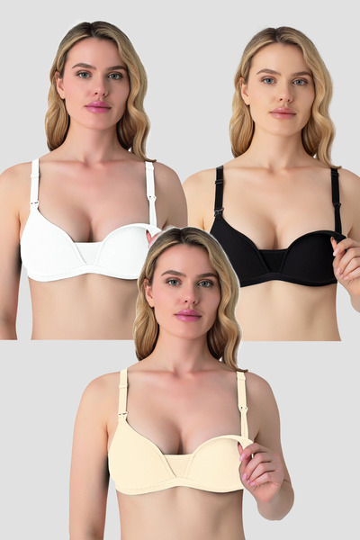 Arma Yıldız 3 Pack White Black Skin Women's Underwire Covered Nursing Bra Nipple Invisible Cotton Soft D