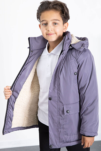 Cansın Mini Anthracite Fur Inside Removable Hood Basic Boy's down Jacket 21443