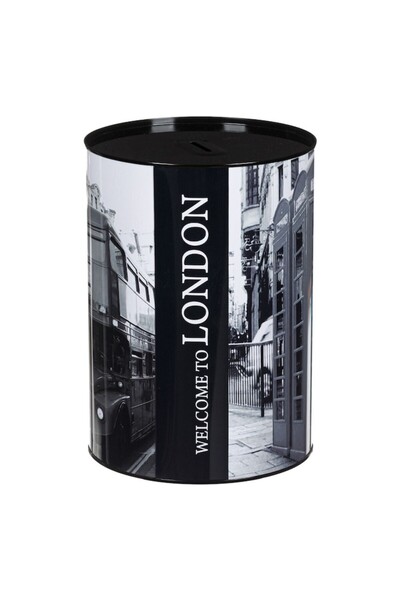 OEM Metal Piggy Bank, London, Black, Ø16x21cm