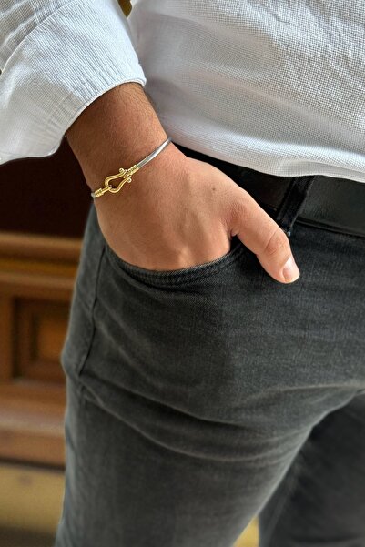 Utku Kuyumculuk 14 AYAR İTALYAN ÇELİK ÜZERİNE ALTIN MODERN ERKEK BİLEKLİK