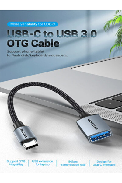 Vention كابل OTG USB 3.0 Type-C ذكر إلى USB-A أنثى بطول 0.15 متر، محول من النوع C إلى A رمادي