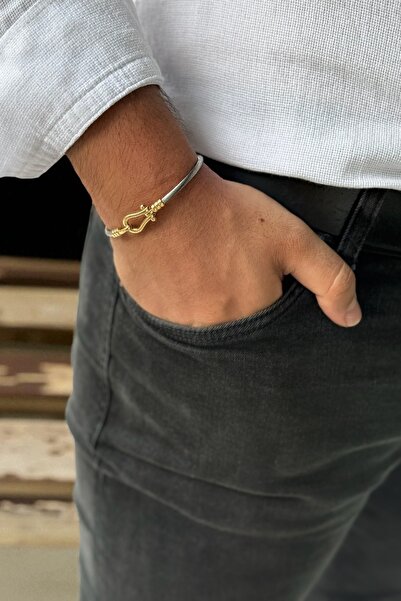 Utku Kuyumculuk 14 AYAR İTALYAN ÇELİK ÜZERİNE ALTIN MODERN ERKEK BİLEKLİK