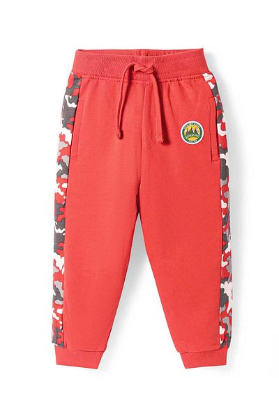Babyhug Terry Knit Lounge Pants with Badge & Tape Detailing - Red