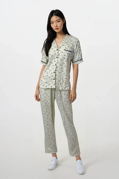 Ecrou Women's Yellow Panda Kingdom Soft Texture Bebe Collar Top Pants Pajamas Suit