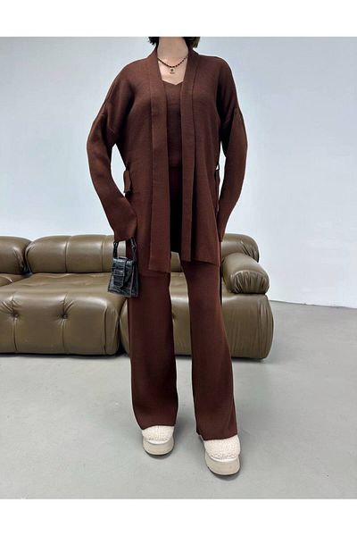 Lamierra Belt Detailed Knitwear 3-Piece Cardigan Set