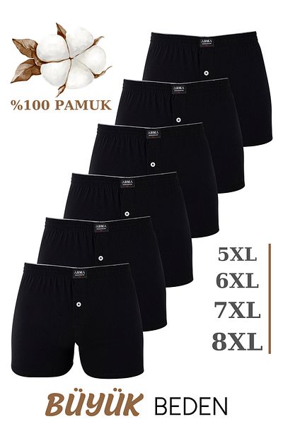 Arma Yıldız 6 Pack Men's Black Wide Fit Large Size Boxer Battal Size Underwear 100% Cotton