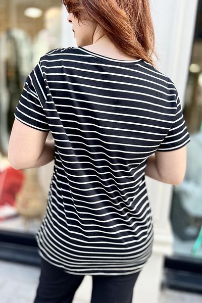 Şans Women's Plus Size Black, Cotton Fabric, V-Neck Stripe Blouse 65N39094