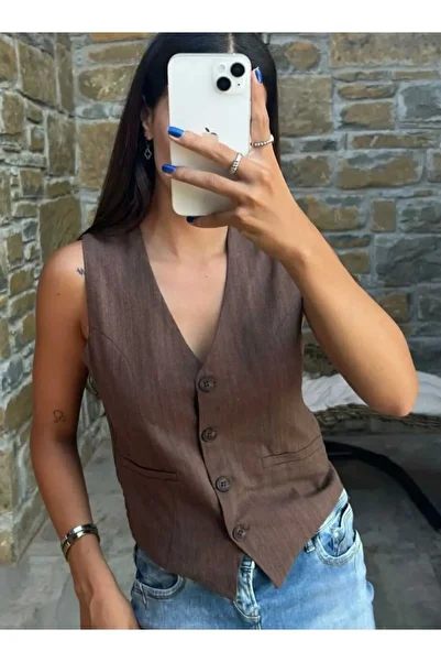 NEVEGE BUTİK Women's Lined Stylish Linen Vest Without Belt