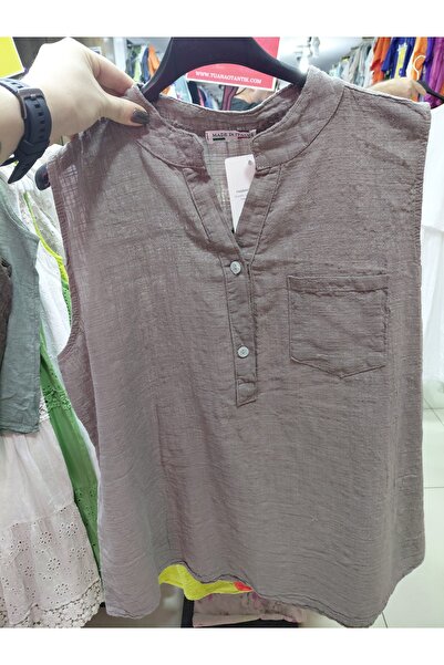 Tuana Otantik Kolsuz Keten Düz Renk Bluz