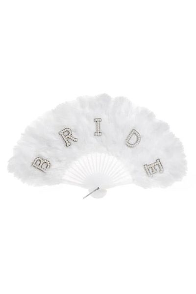 OEM White Fan with Feathers & Bride Rhinestones Beads 23cm
