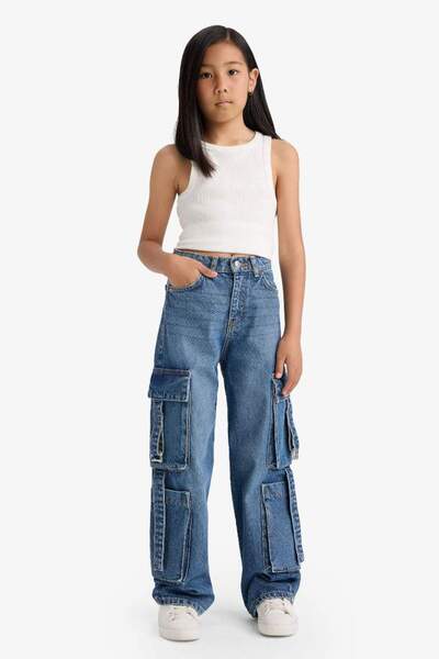 DeFacto New Season Girl's Wide Leg Cargo Wide Leg Jean Trousers