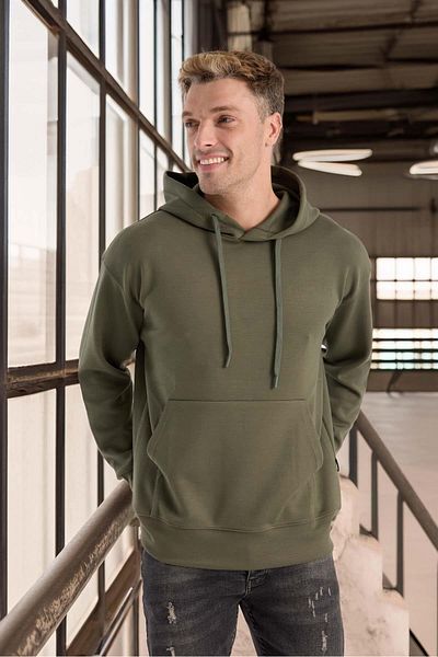 Valiberta Luc Oversize Basic Diver Fabric Viscose Hooded Pocket Sweatshirt Hoodie - Pine Green