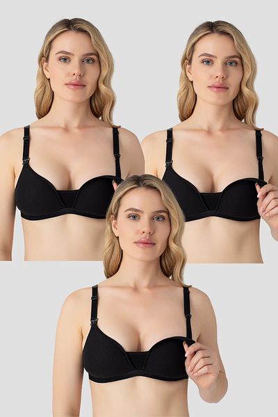 Arma Yıldız 3 Pack Black Women's Underwire Covered Nursing Bra Nipple Invisible Cotton Soft Textured