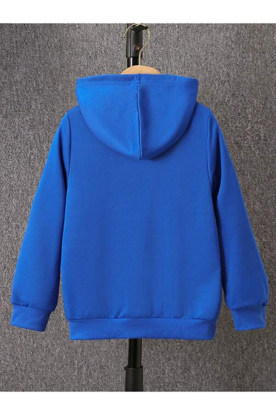 savuar Blue Printed Zipper Hooded Sweatshirt