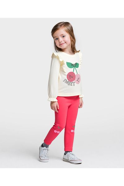 Bonfino 100% Cotton Knit Full Sleeves T-Shirt & Leggings Set With Cherry Print - Ivory & Red