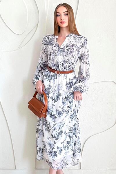 Elbee Fashion Woman Chiffon Belt Detailed Dress