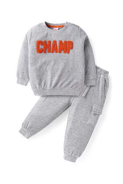 Babyhug Terry Knit T-Shirt & Lounge Pants Set with Text Embroidery - Grey