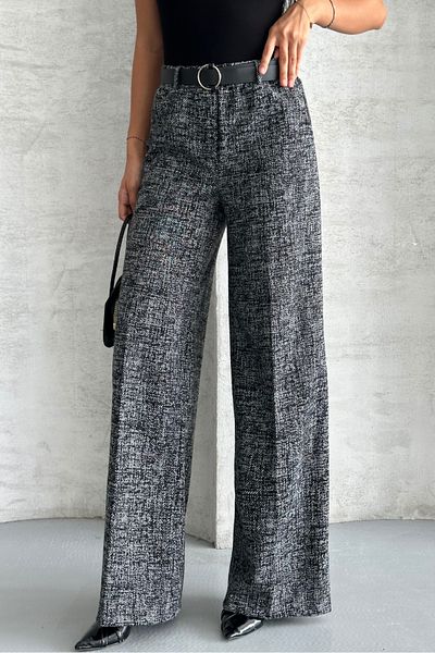 macharel jeans Women's Patterned Wide Leg Palazzo Trousers with Pockets and Belt