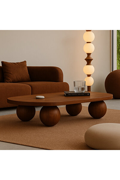 Trihome Doğal Ahşap Küre Ayaklı Modern Orta Sehpa (Masif Kayın)