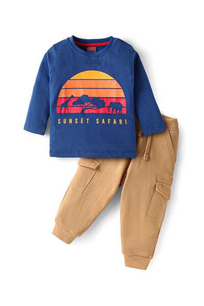 Babyhug Single Jersey Knit T-Shirt & Lounge Pants Set with Sunset Print - Royal Blue & Brown
