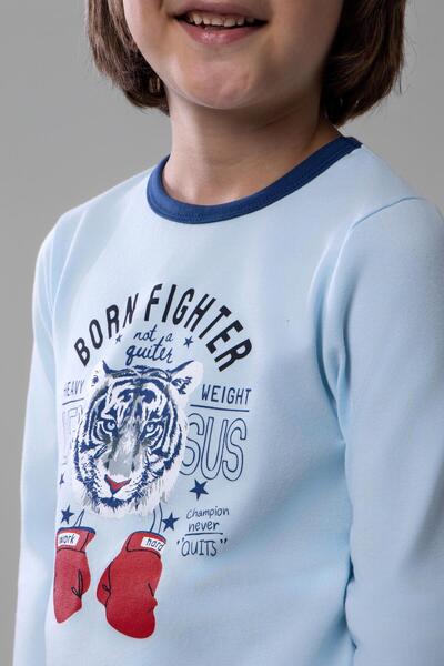 BAYKAR Erkek Çocuk Pamuklu Bisiklet Yaka Kaplan Baskılı Uzun Kollu Pijama Takımı 9620-1 Mavi
