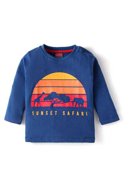 Babyhug Single Jersey Knit T-Shirt & Lounge Pants Set with Sunset Print - Royal Blue & Brown
