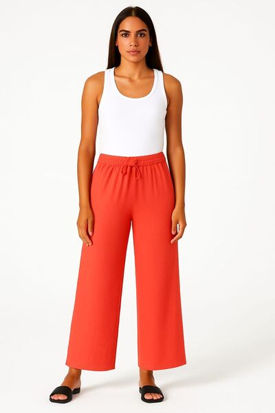 enmodaiçgiyim Pomegranate Flower 100% Cotton Muslin Fabric Wide Leg Comfortable Fit Women's Trousers with Two Pockets