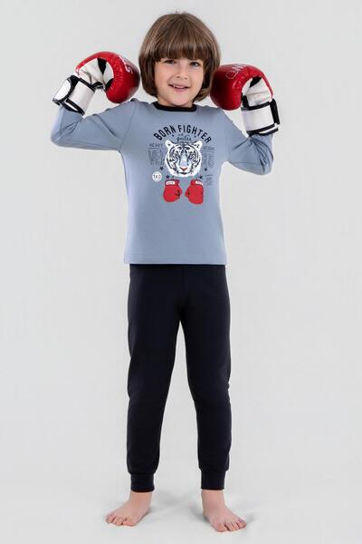 BAYKAR Boy's Cotton Crew Neck Tiger Printed Long Sleeve Pajama Set 9620-1 Gray Melange