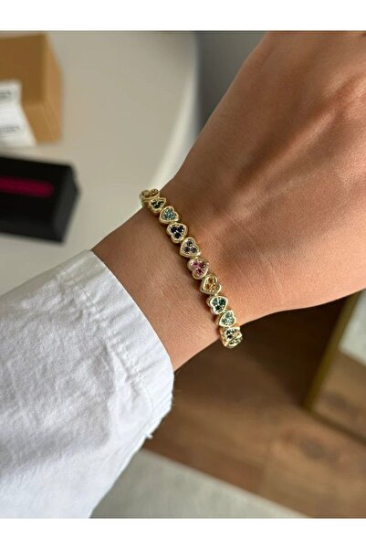 RoseandRoses Anna Heart Colorful Stone Handcuff Bracelet Gold