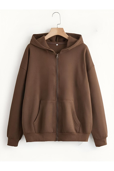 savuar Zippered Brown Hooded Cardigan