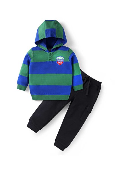 Babyhug Terry Knit Colour Block Hooded T-Shirt with Patch & Joggers Set - Blue