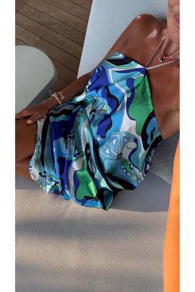 BOLESA GİYİM Mavi Desenli Boyundan Bağlamalı Elbise