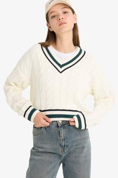 DeFacto New Season Coool Regular Fit V-Neck Hair Braided Sweater
