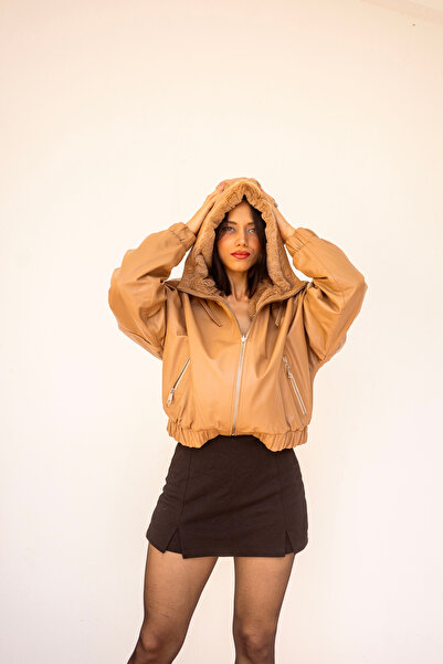 CAVRO LEATHER Hakiki Deri Çift Taraflı Kapüşonlu Bomber Ceket – Karamel & Pel...