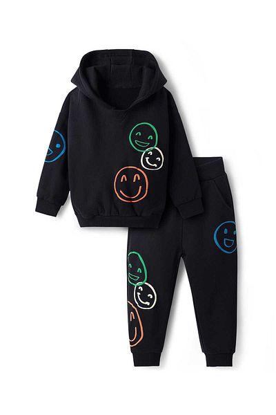 Bonfino Hooded Sweatshirt & Joggers Set With Smiley Print - Black