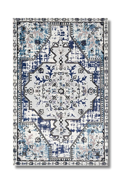 Halımax Drom Dokuma Taban Makinede Yıkanabilen Kilim Kaymaz Şönil Mavi Retro ...