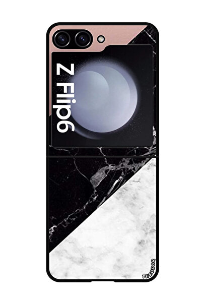 Theodor جراب واقٍ لهاتف Samsung Galaxy Z Flip 6، لون رمادي وأسود، سطح رخامي سادة