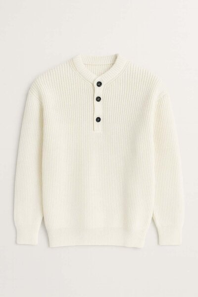 Valiberta Wes Thessaloniki Knitted 3 Button Half Placket Comfortable Fit Men's Knitwear Sweater - Ecru