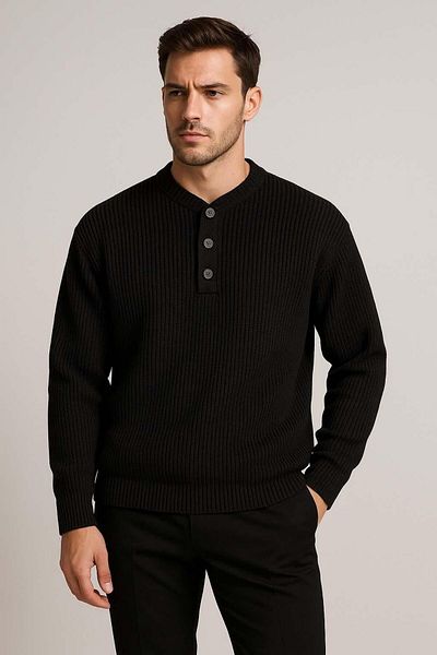Valiberta Wes Thessaloniki Knitted 3 Button Half Placket Comfortable Fit Men's Knitwear Sweater - Black