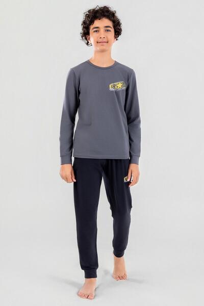 BAYKAR Young Men's Cotton Crew Neck Long Sleeve Pajama Set 9624-1 Gray Melange