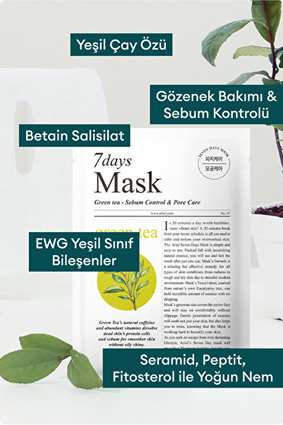 Ariul 7 Days Mask Green Tea S - Sebum Kontrolüne Yardımcı & Gözenek Arındırıcı Vegan Kağıt Maske