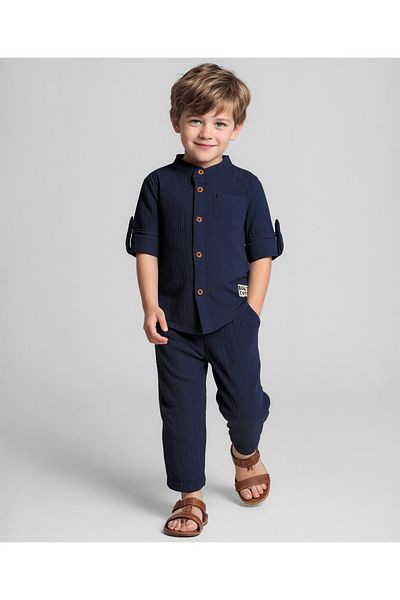 Bonfino Boys' 100% Cotton Double Gauze Set - Navy