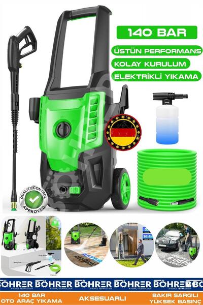 BÖHRER Alman BA01119Y 140 Bar Güçlü Performans Elektrikli Oto Yıkama Makinesi | İndüksiyon Motor & Metal Po