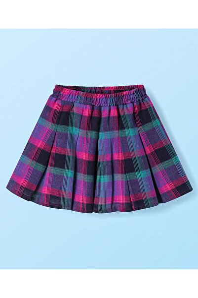 Babyhug Terry Knit Top & Checkered Skirt Set With Text Print & Peter Pan Collar - Dark Pink