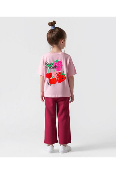 Bonfino GIRLS 100% COTTON FULL SLEEVES OVERSIZED T-SHIRT & WIDELEG LEGGINGS SET - LT PINK, RED