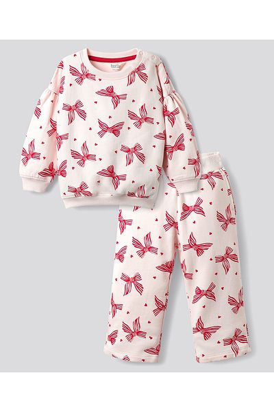 Bonfino Heart Printed Full Sleeves Oversized Winter Wear Sweatshirt Wide Leg Leggings Set-Light Pink