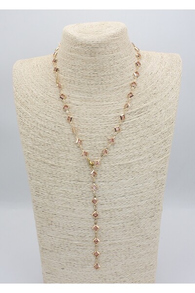 KALLAVİ Pembe Kare Taşlı Y Form Gold Kolye